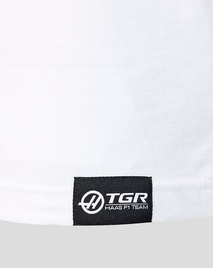 White TGR Haas F1 Team T-shirt with a black woven label at the lower front hem