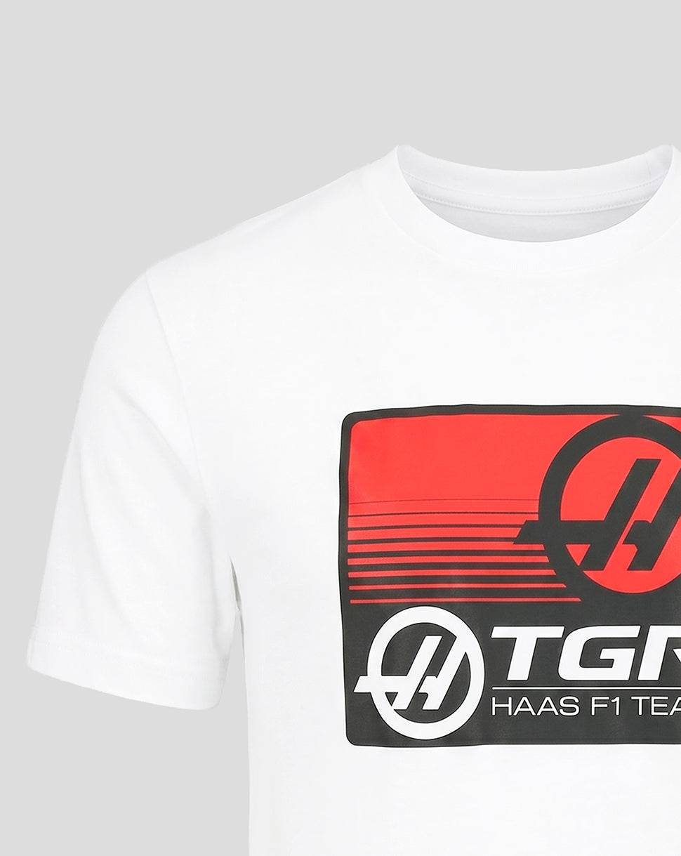 White T-shirt with a large red and black rectangular front graphic featuring the TGR Haas F1 Team logo on the chest