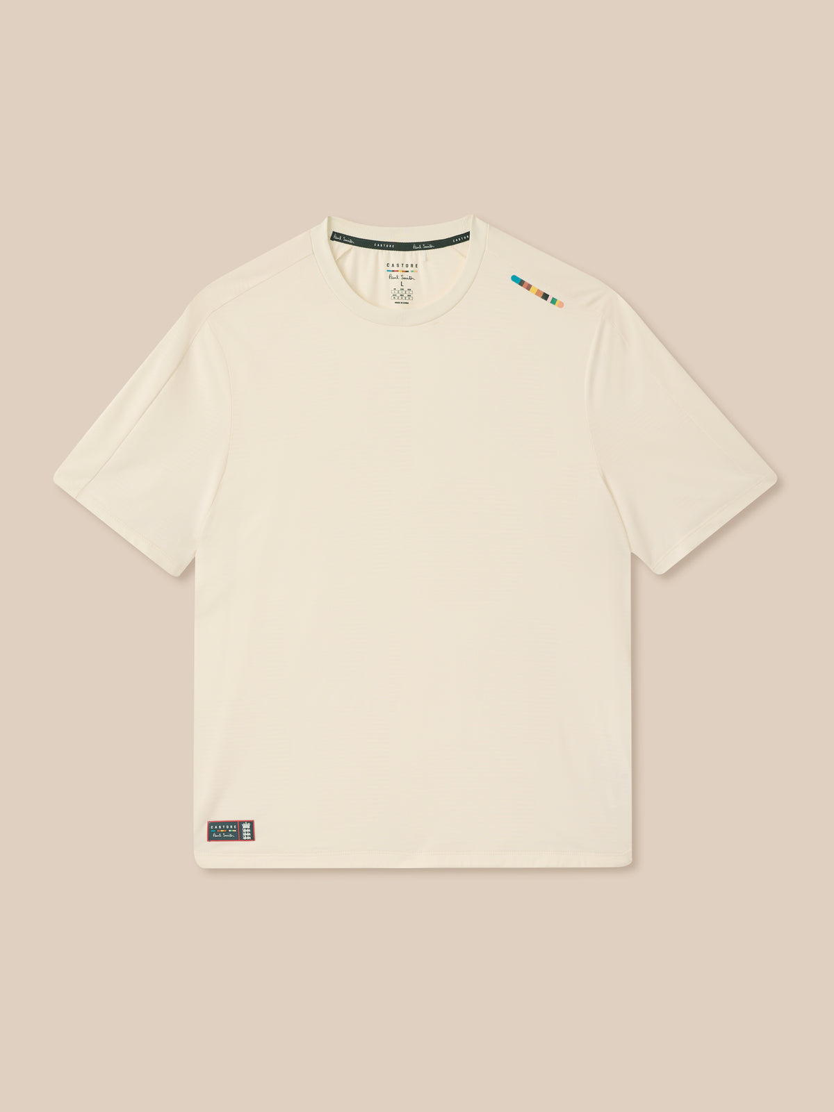 Cream unisex Paul Smith x Castore England cricket jacquard T shirt with crew neck and multicolor shoulder stripe