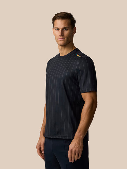Front view of a male model wearing a dark pinstripe T-shirt from the Paul Smith Castore England cricket collection