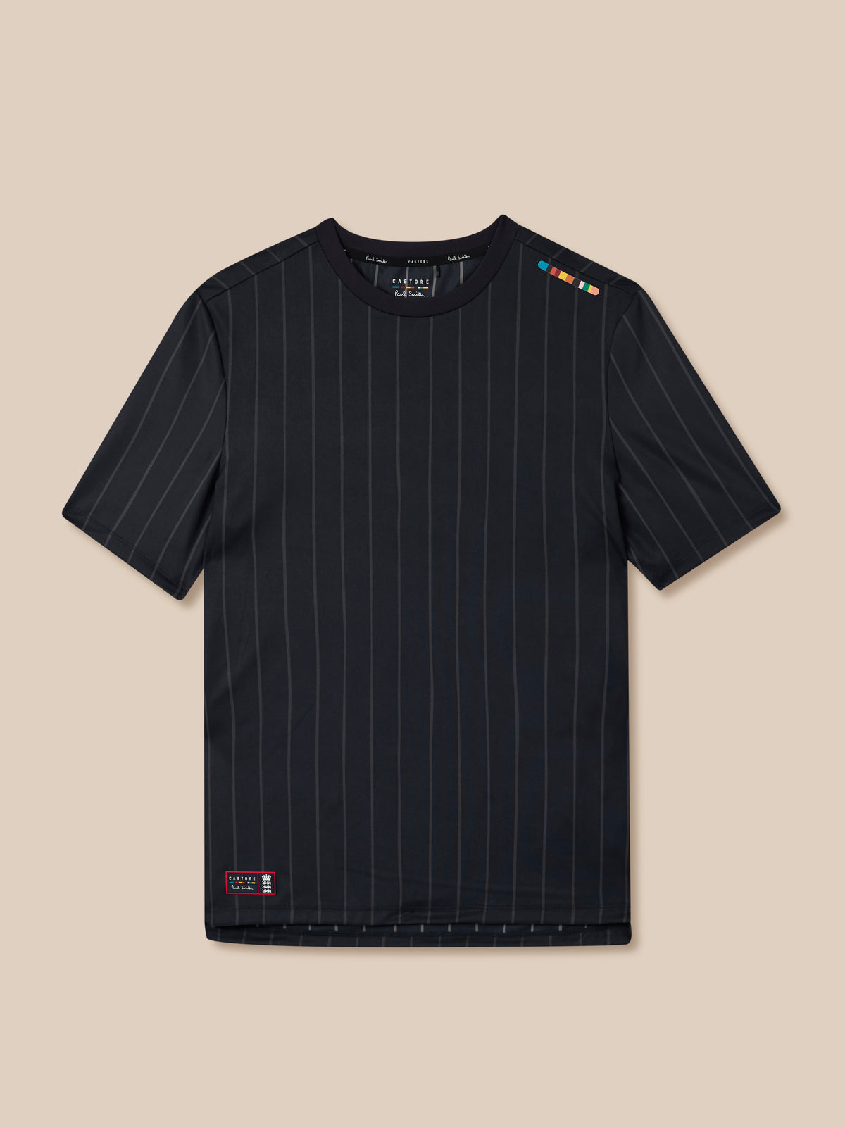 Dark navy pinstripe crewneck T-shirt from Paul Smith Castore England collection with multicolor shoulder patch.