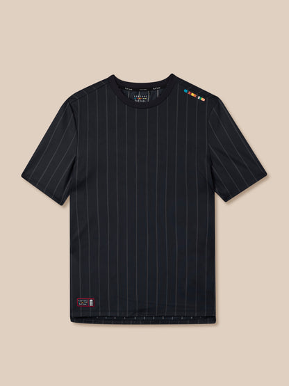 Dark navy pinstripe crewneck T-shirt from Paul Smith Castore England collection with multicolor shoulder patch.