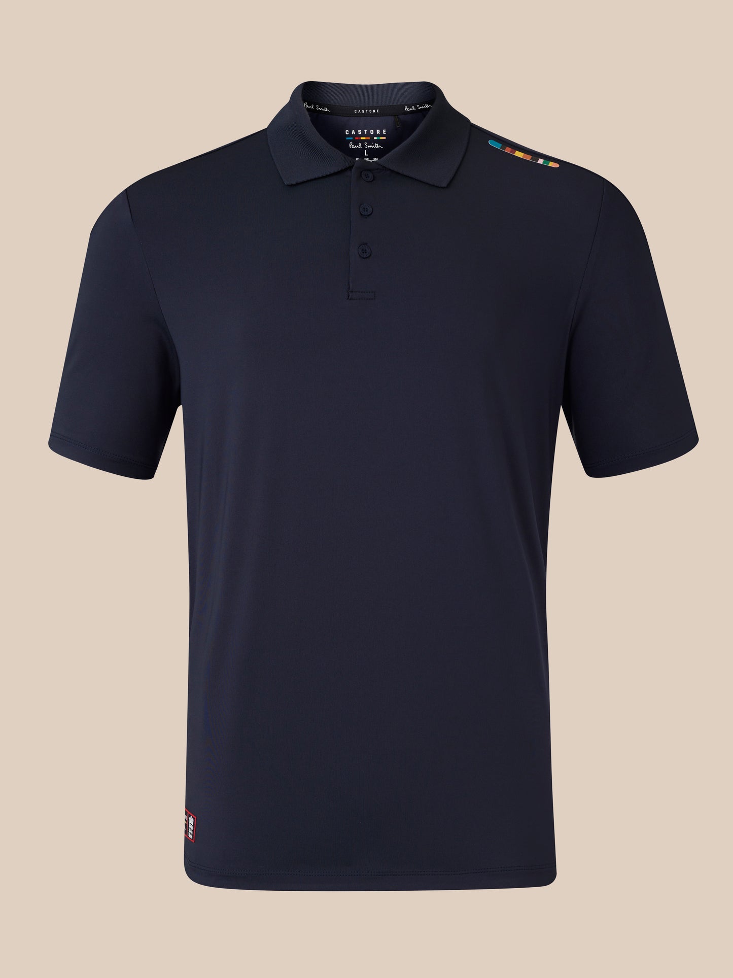 Navy Paul Smith Castore England cricket polo featuring shoulder stripe and ECB patch at hem