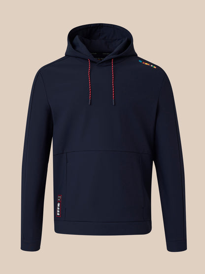 Navy hoodie with red drawcords signature stripe and ECB patch at the front hem.