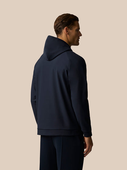Back view of a navy England cricket hoodie with a two piece hood and external red drawcords.