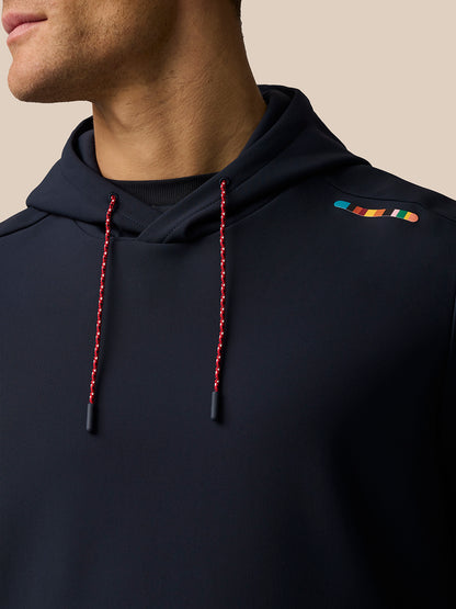 Navy Paul Smith x Castore England Cricket hoodie close up of hood with red drawcords and multicolor signature stripe.
