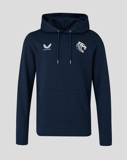 Navy unisex travel hoodie with brushed back, Castore logo on left chest and tiger emblem on right chest, with a kangaroo pocket.
