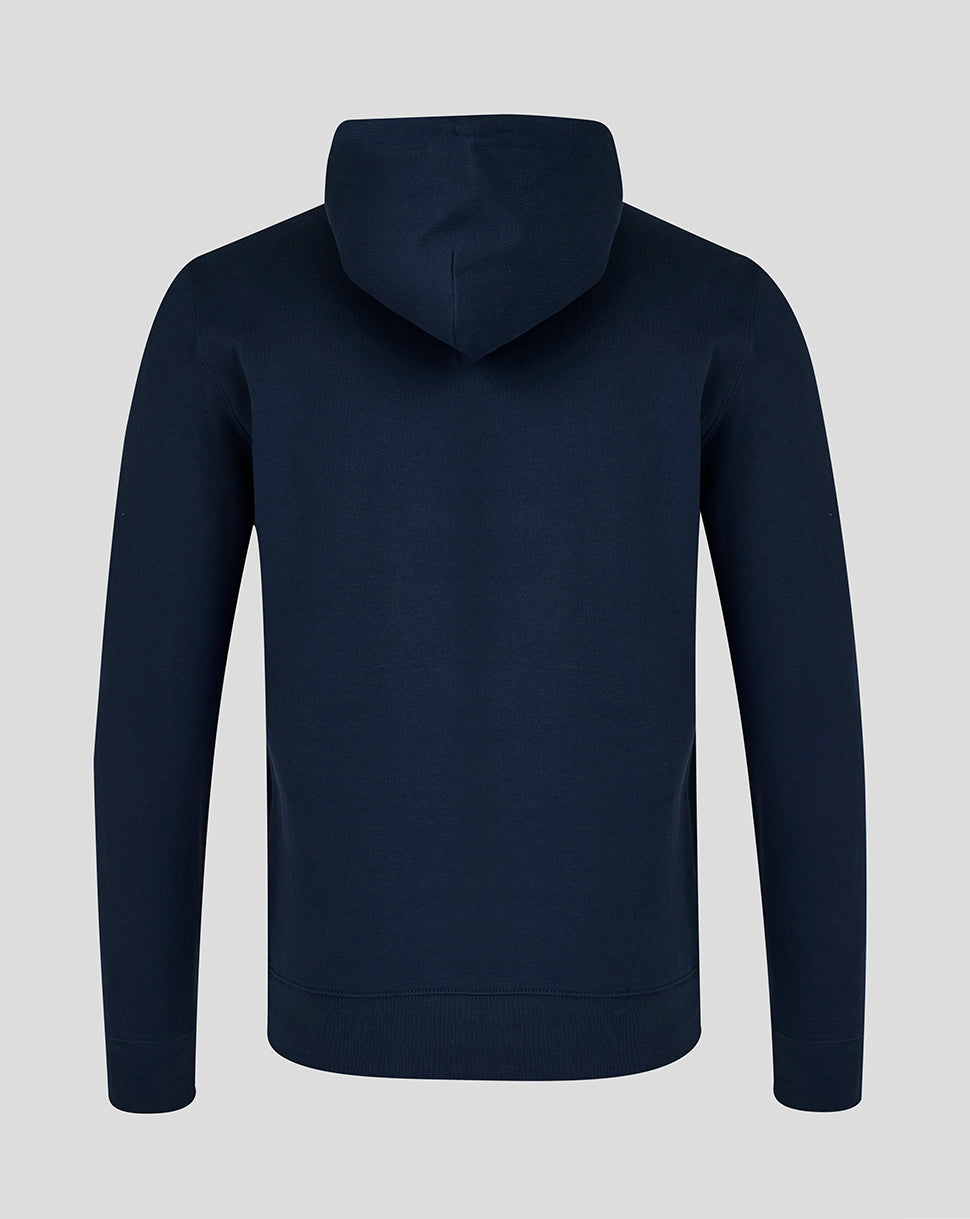 Back view of navy Leicester Tigers unisex travel hoodie with brushed back