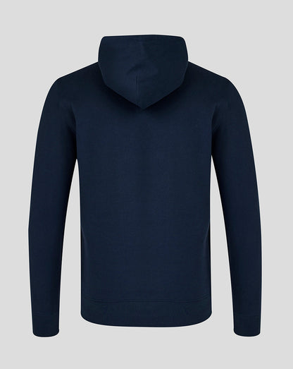 Back view of navy Leicester Tigers unisex travel hoodie with brushed back