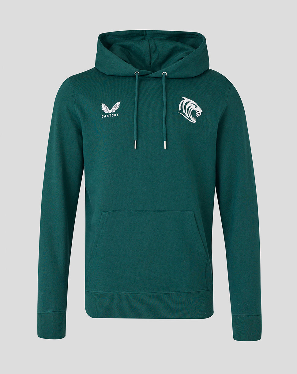 Dark green Leicester Tigers unisex travel brushed back hoodie with white tiger crest on the chest and Castore logo, hood with drawstrings and front pocket