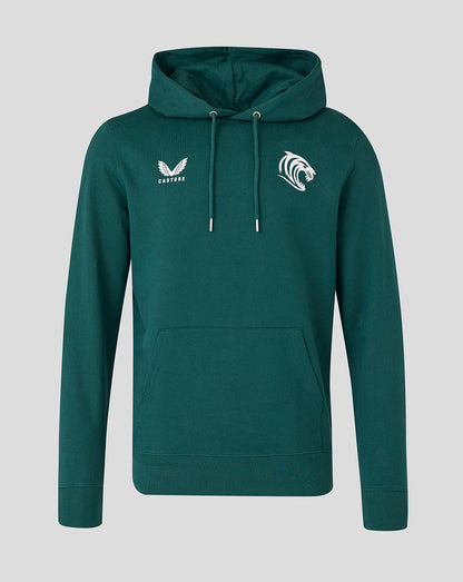 Dark green Leicester Tigers unisex travel brushed back hoodie with white tiger crest on the chest and Castore logo, hood with drawstrings and front pocket