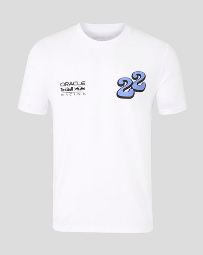 White Oracle Red Bull Racing unisex T shirt with blue 22 wave graphic on the right chest and branding on the left.