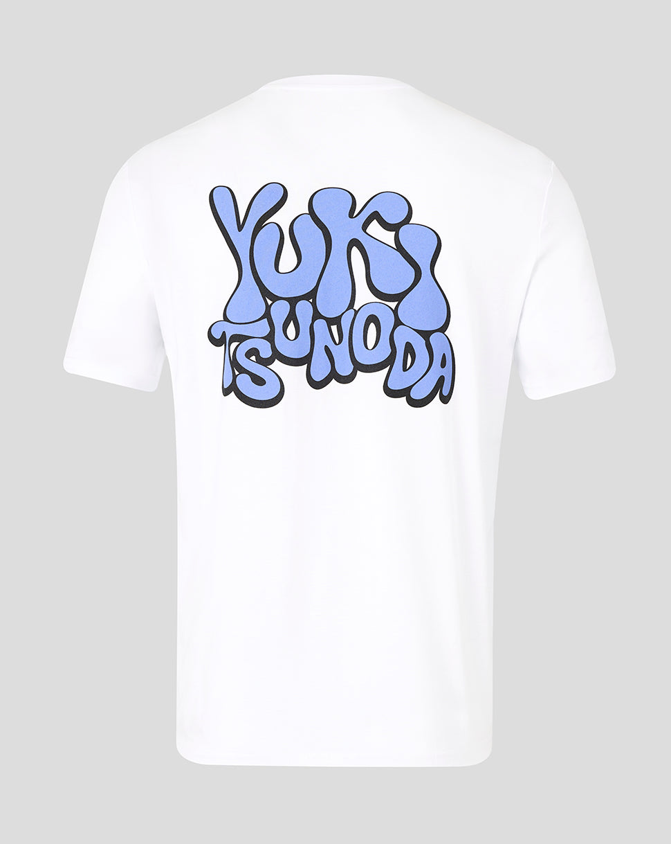 White T shirt with large blue graffiti style Yuki Tsunoda graphic on the back.