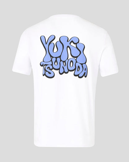White T shirt with large blue graffiti style Yuki Tsunoda graphic on the back.