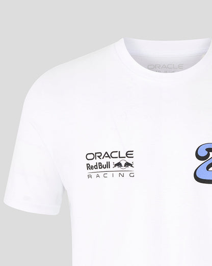 White Oracle Red Bull Racing unisex T shirt with a small left chest logo and a bold blue wave graphic on the front