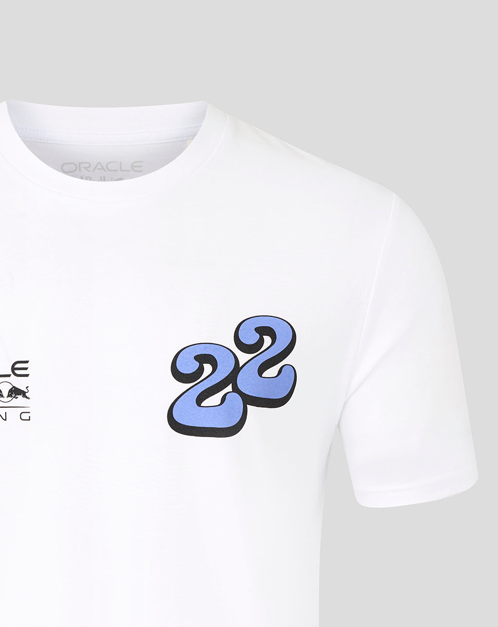White T shirt front with bold blue 22 wave graphic on the chest.