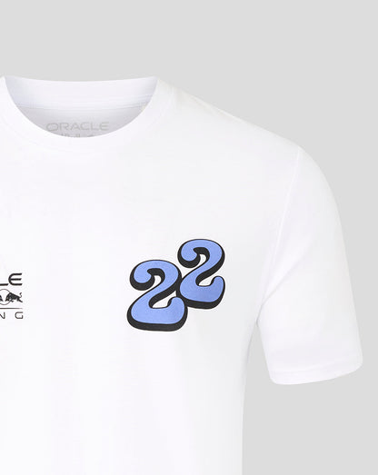 White T shirt front with bold blue 22 wave graphic on the chest.