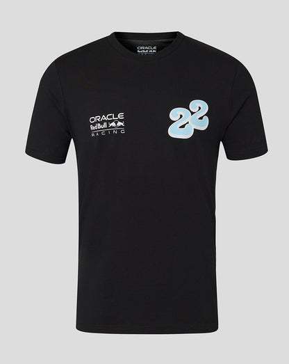 Black Oracle Red Bull Racing unisex T shirt with a small left chest logo and a bold blue wave graphic on the front
