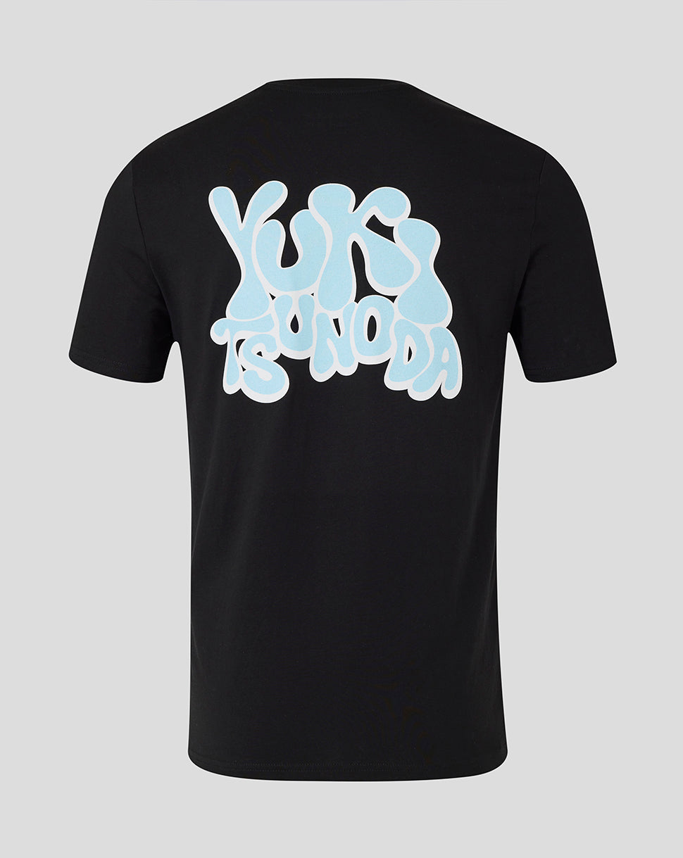 Back view of black Yuki Tsunoda Wave Graphic T shirt featuring a large graffiti style graphic across the back