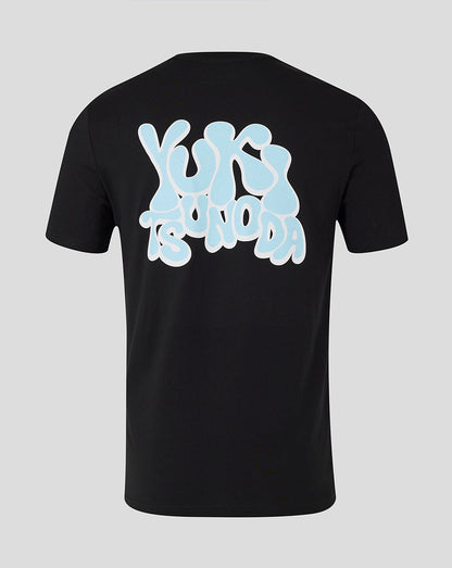 Back view of black Yuki Tsunoda Wave Graphic T shirt featuring a large graffiti style graphic across the back