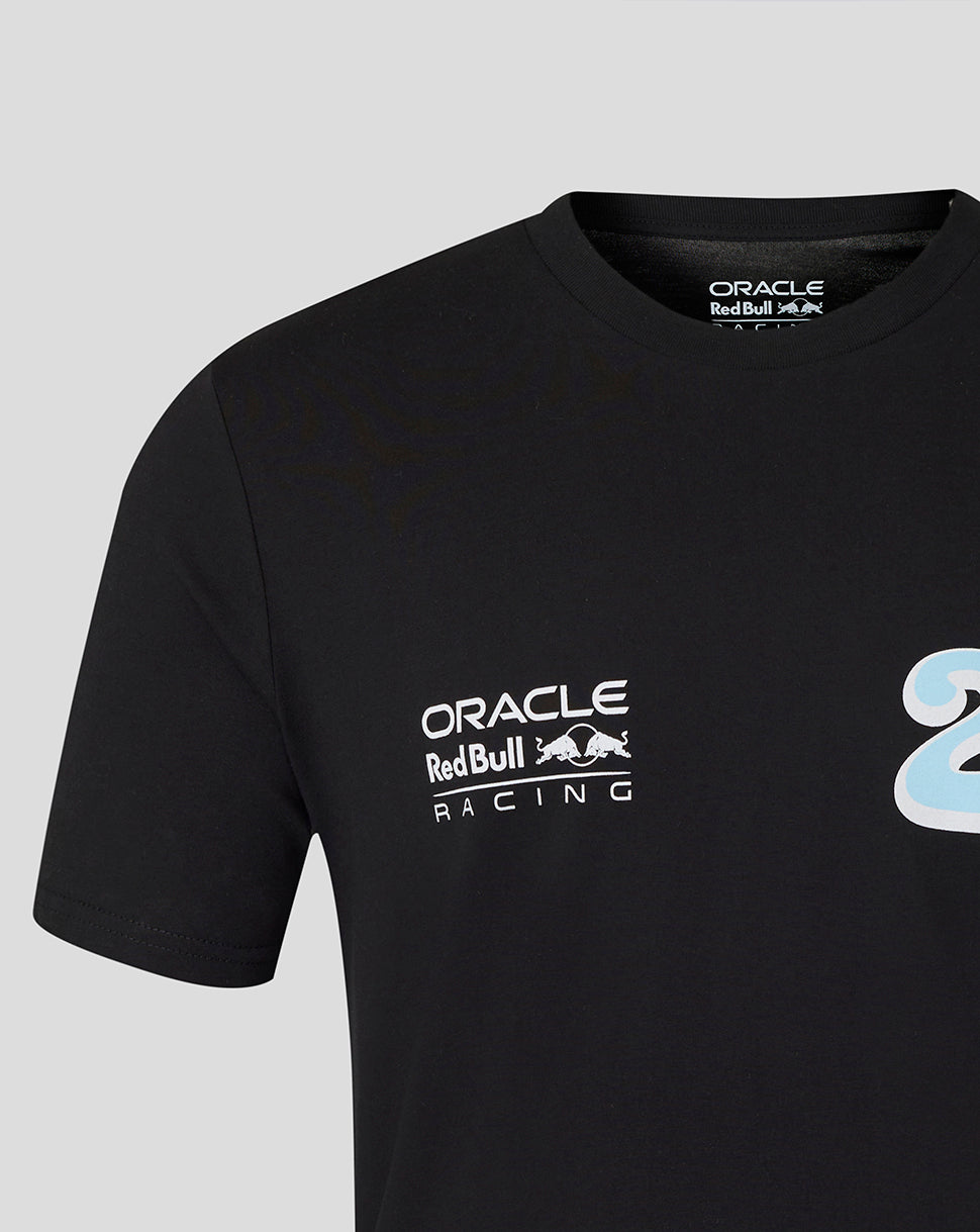 Front view close up of black Oracle Red Bull Racing T shirt with left chest logo and blue wave 22 graphic