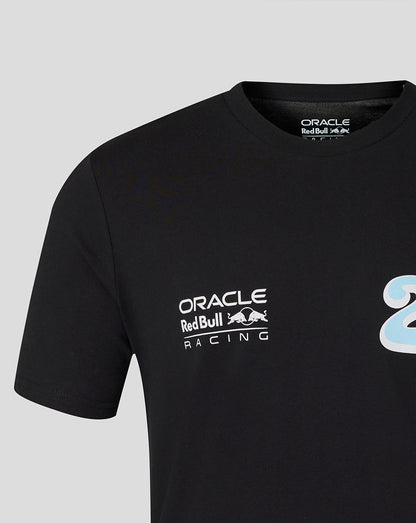Front view close up of black Oracle Red Bull Racing T shirt with left chest logo and blue wave 22 graphic