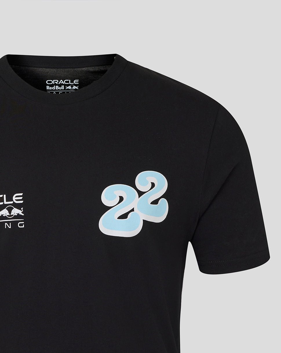 Black Oracle Red Bull Racing T shirt featuring a pale blue 22 wave graphic on the chest and branding
