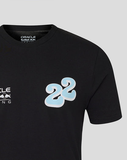 Black Oracle Red Bull Racing T shirt featuring a pale blue 22 wave graphic on the chest and branding