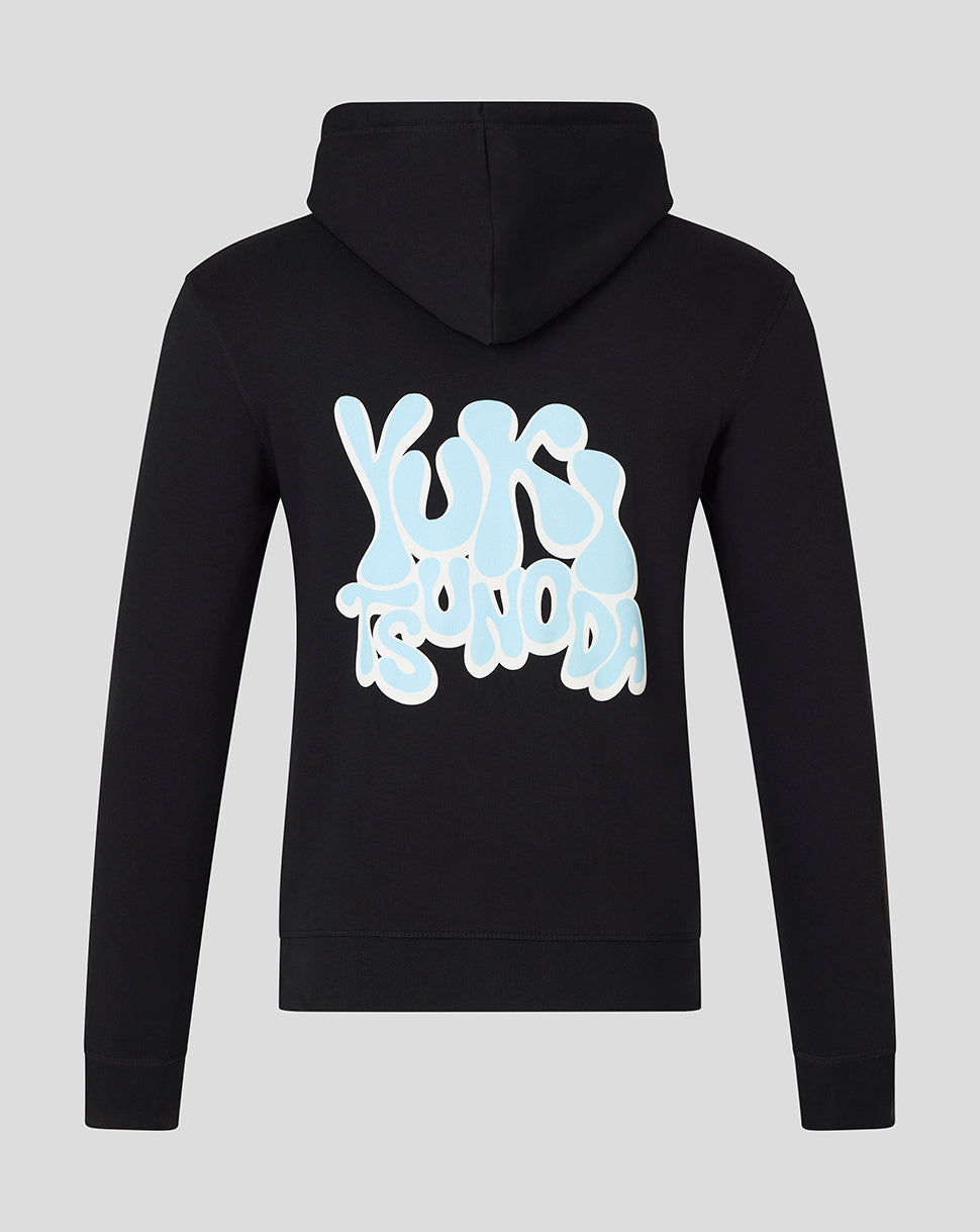Back view of a black Yuki Tsunoda Wave Graphic Pullover Hoodie with an oversized graffiti style design on the back.