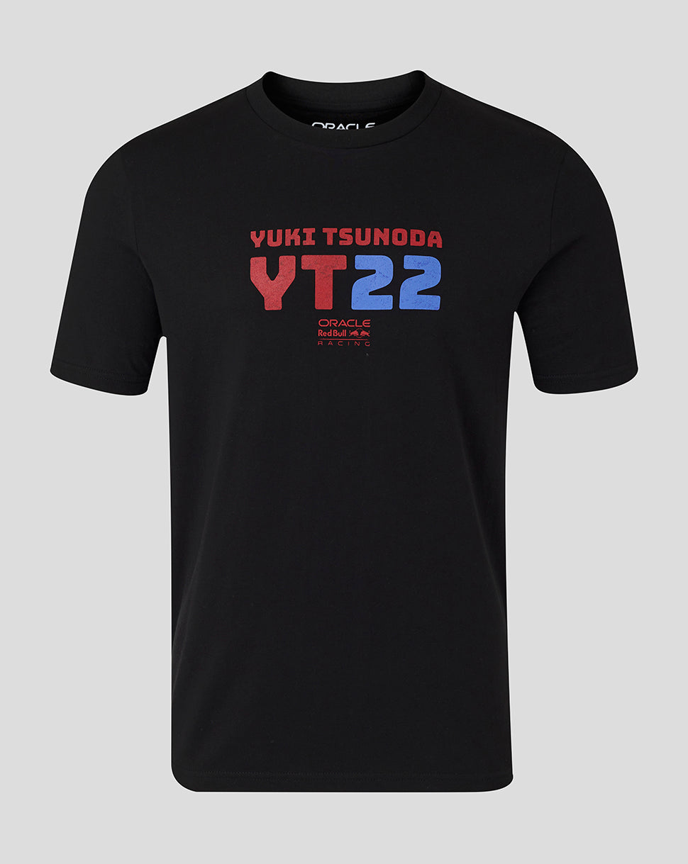 Black graphic t-shirt featuring Yuki Tsunoda YT22 logo in red and blue with Oracle Red Bull Racing branding