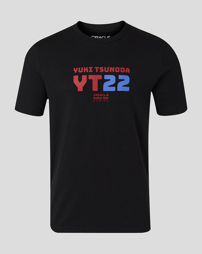 Black graphic t-shirt featuring Yuki Tsunoda YT22 logo in red and blue with Oracle Red Bull Racing branding