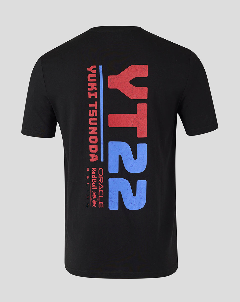 Back view of black Oracle Red Bull Racing T shirt with vertical red and blue YT22 lettering and Yuki Tsunoda name