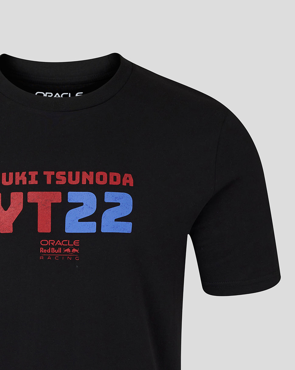 Front view of black Yuki Tsunoda 22 graphic T shirt with bold red and blue YT22 across the chest