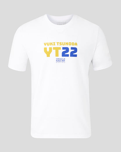 Front view of white Oracle Red Bull Racing T shirt with yellow and blue YT22 graphic and Yuki Tsunoda branding on the chest