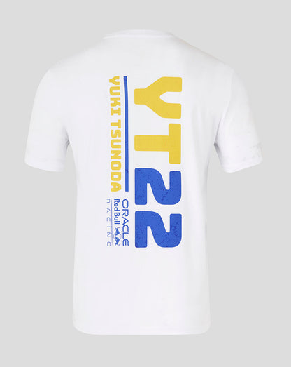Back view of white graphic T shirt featuring a bold vertical yellow and blue YT22 design and Yuki Tsunoda branding