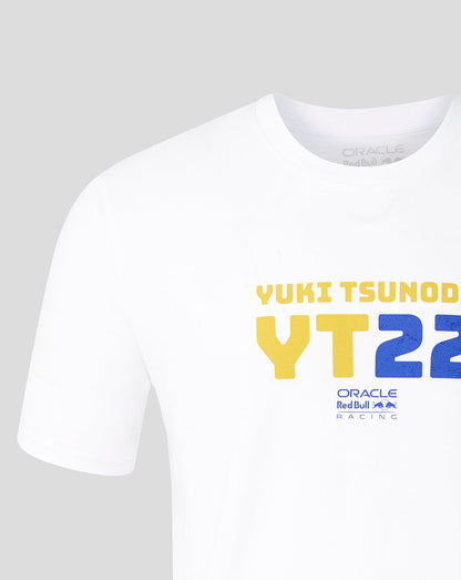 White Oracle Red Bull Racing T shirt with Yuki Tsunoda YT22 in bold yellow and blue on the chest.