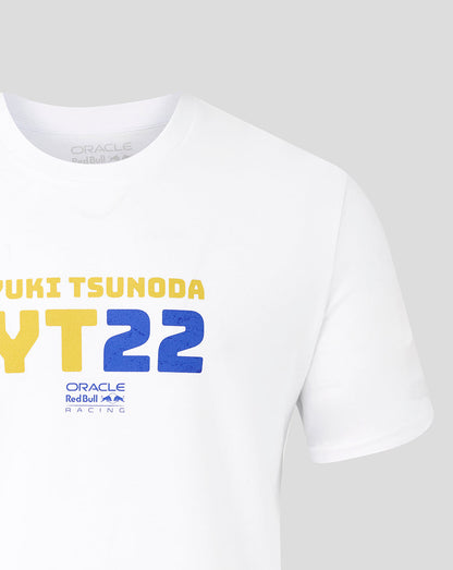 Close up of the chest area on a white T shirt showing the yellow and blue YT22 graphic with the Oracle Red Bull Racing logo beneath