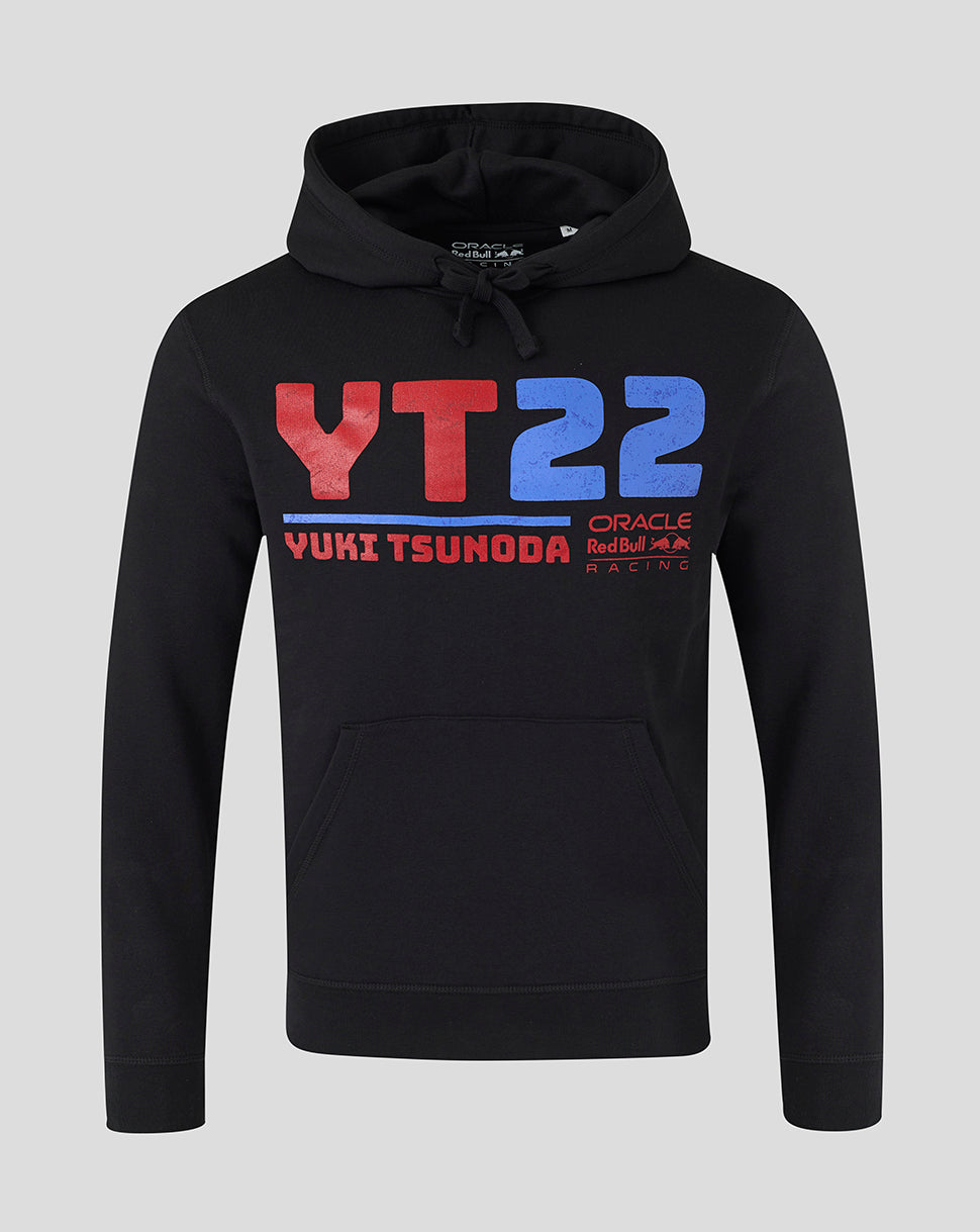 Black unisex pullover hoodie with the bold red and blue YT22 logo and Yuki Tsunoda branding on the chest