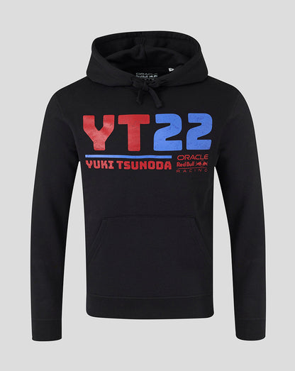 Black unisex pullover hoodie with the bold red and blue YT22 logo and Yuki Tsunoda branding on the chest