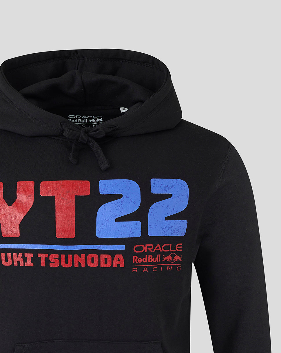 Black unisex pullover hoodie with red and blue YT22 graphic and Yuki Tsunoda name on the chest