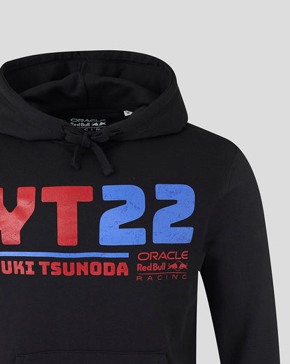 Black unisex pullover hoodie with red and blue YT22 graphic and Yuki Tsunoda name on the chest
