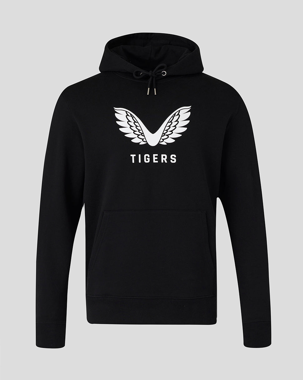 Black Leicester Tigers travel brushed back hoodie with a large white wing logo on the chest and a front kangaroo pocket.