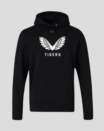 Black Leicester Tigers travel brushed back hoodie with a large white wing logo on the chest and a front kangaroo pocket.