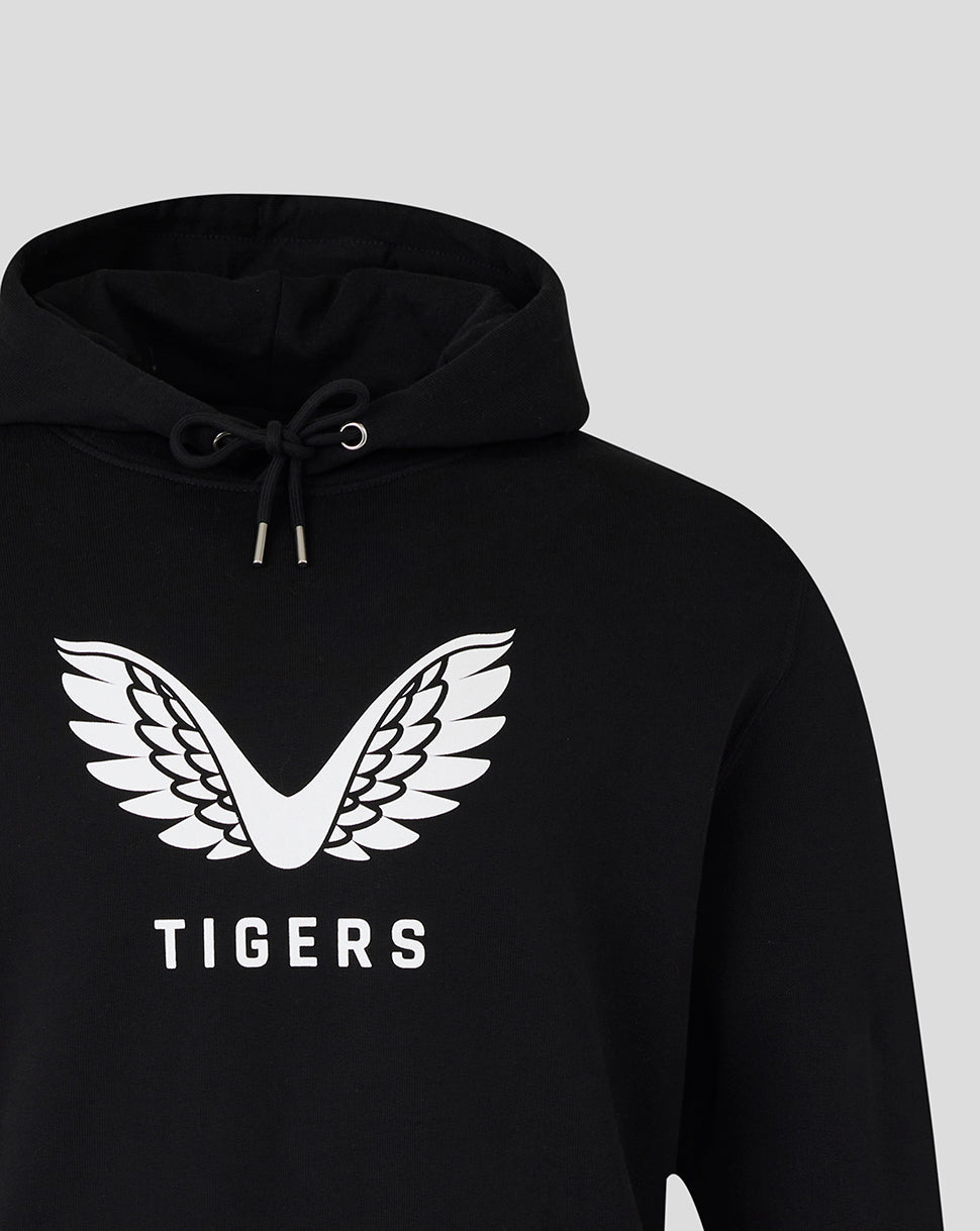 Close-up of the black hoodie chest showing a bold white wing logo and TIGERS text.