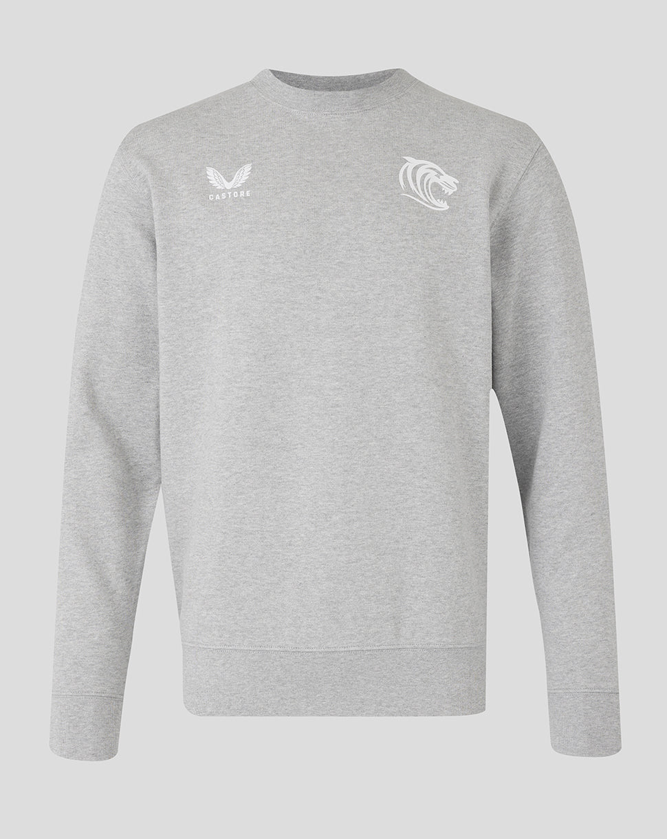 Grey Leicester Tigers unisex travel crewneck sweatshirt with Castore logo on left chest and tiger crest on the right