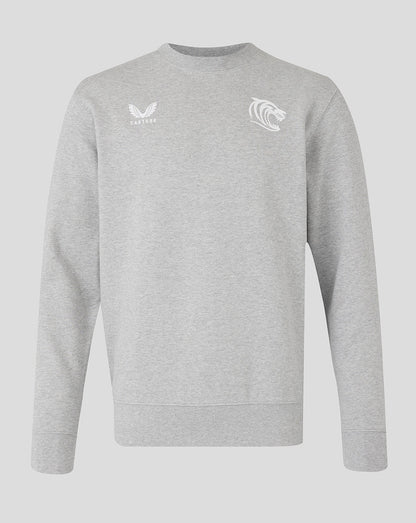 Grey Leicester Tigers unisex travel crewneck sweatshirt with Castore logo on left chest and tiger crest on the right