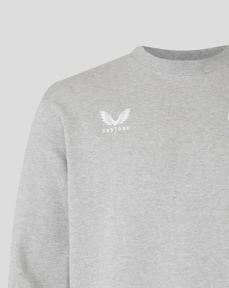 Left chest Castore logo on light grey Leicester Tigers Travel Crewneck Sweatshirt