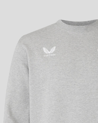 Left chest Castore logo on light grey Leicester Tigers Travel Crewneck Sweatshirt