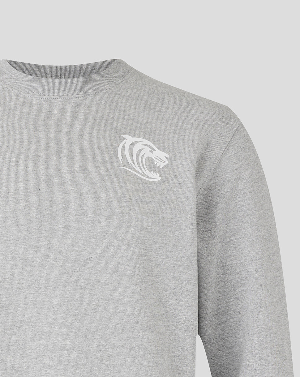 Leicester Tigers white tiger head graphic on left chest of light grey sweatshirt