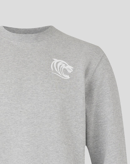 Leicester Tigers white tiger head graphic on left chest of light grey sweatshirt